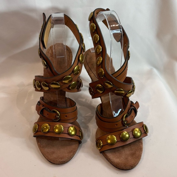 JEROME DREYFUSS Sz 39 Heeled Sandals Metallic Studs Leather Strappy Ankle - Picture 2 of 10